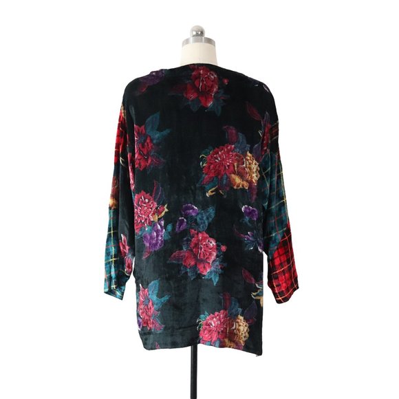 vintage 90s plaid velvet patchwork tunic top M holiday blouse shirt boho vtg - Picture 2 of 6